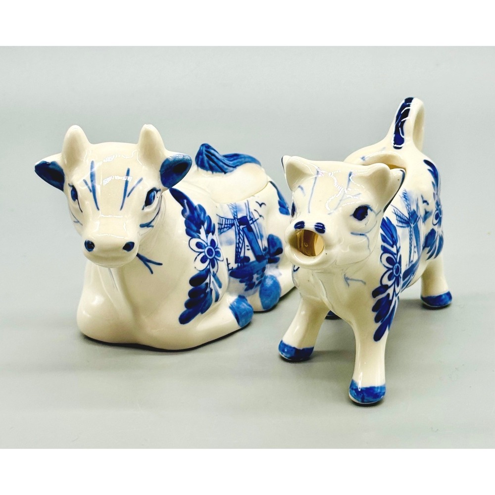 Delft Style Cow Creamer Sugar Bowl Set Blue White Ceramic Floral Windmill